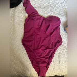 Fushia asymmetrical flounce one piece swimsuit